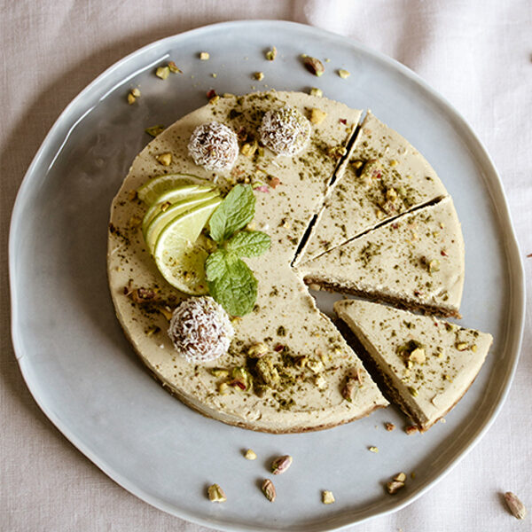 Macha Latte vegan cake with pistachios and lime flavour
